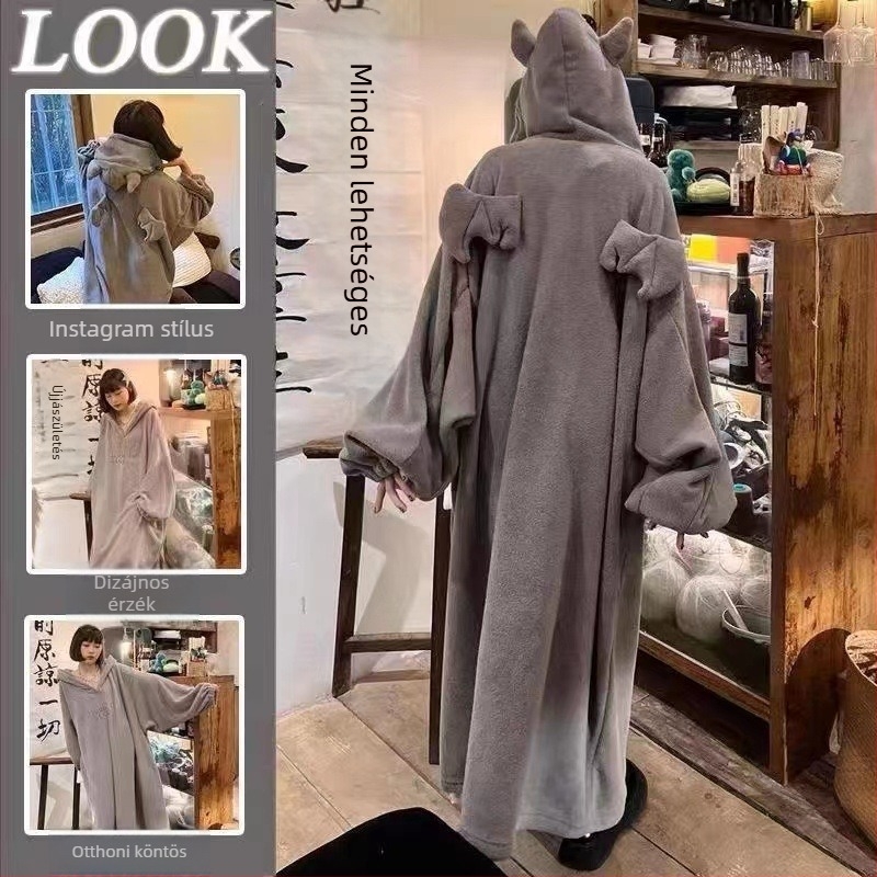 Kisördög kapucnis fleece köntös nőknek – vastag korall fleece, téli otthoni viselet