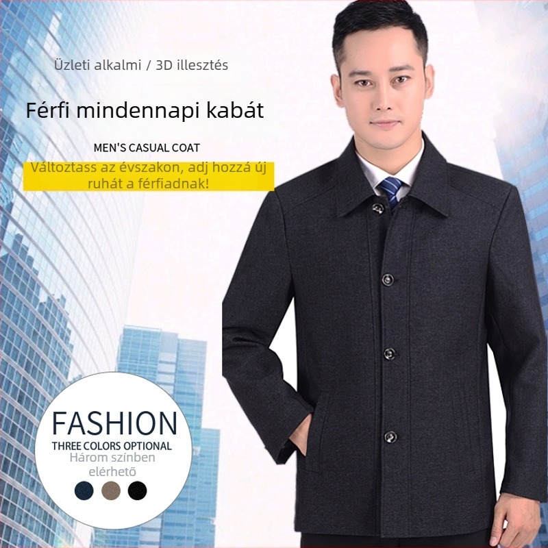 Férfi poliészter dzseki, gallérral, laza szabás, egysoros gombolás, casual stílus