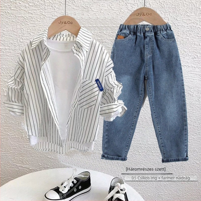 Fiúknak szóló háromrészes szett: hosszú ujjú ing és nadrág, rácsos mintázat, őszre