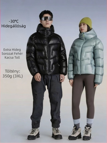 5000GT Extrém Hideg fehér kacsa tollas kabát, rövid fazon, uniszex, kültéri viselethez, háromvédelmi, vastagított, kapucnival, meleg