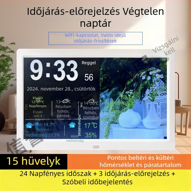 Digitális fotókeretes óra, örök kalendárium, 24 nap-szoláris terminus, WiFi időszinkron, időjárás-előrejelzés, hőmérő