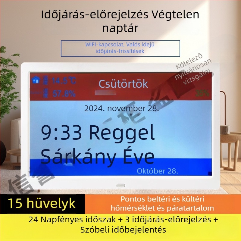 Digitális fotókeretes óra, örök kalendárium, 24 nap-szoláris terminus, WiFi időszinkron, időjárás-előrejelzés, hőmérő