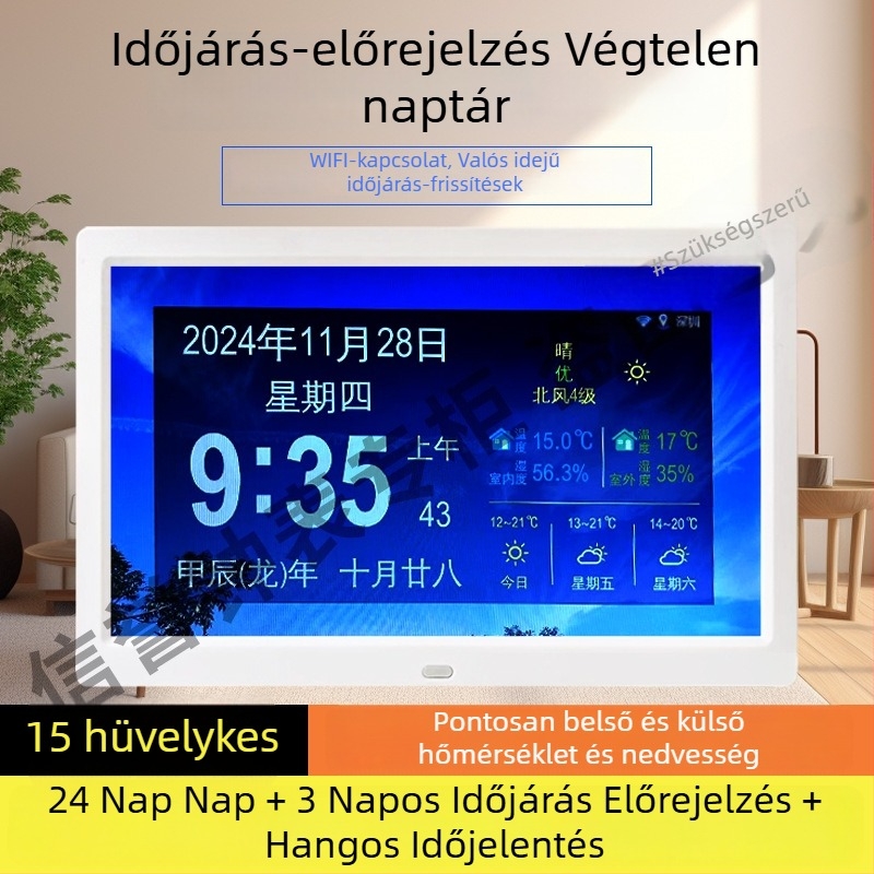Digitális fotókeretes óra, örök kalendárium, 24 nap-szoláris terminus, WiFi időszinkron, időjárás-előrejelzés, hőmérő