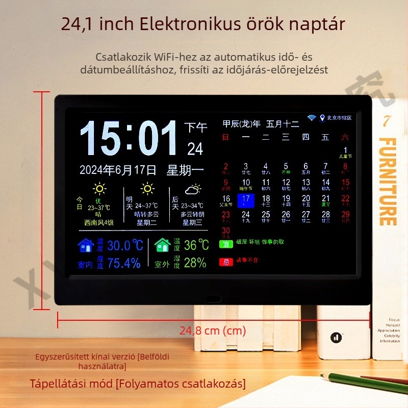 Digitális fotókeretes óra, örök kalendárium, 24 nap-szoláris terminus, WiFi időszinkron, időjárás-előrejelzés, hőmérő