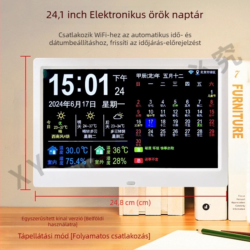 Digitális fotókeretes óra, örök kalendárium, 24 nap-szoláris terminus, WiFi időszinkron, időjárás-előrejelzés, hőmérő
