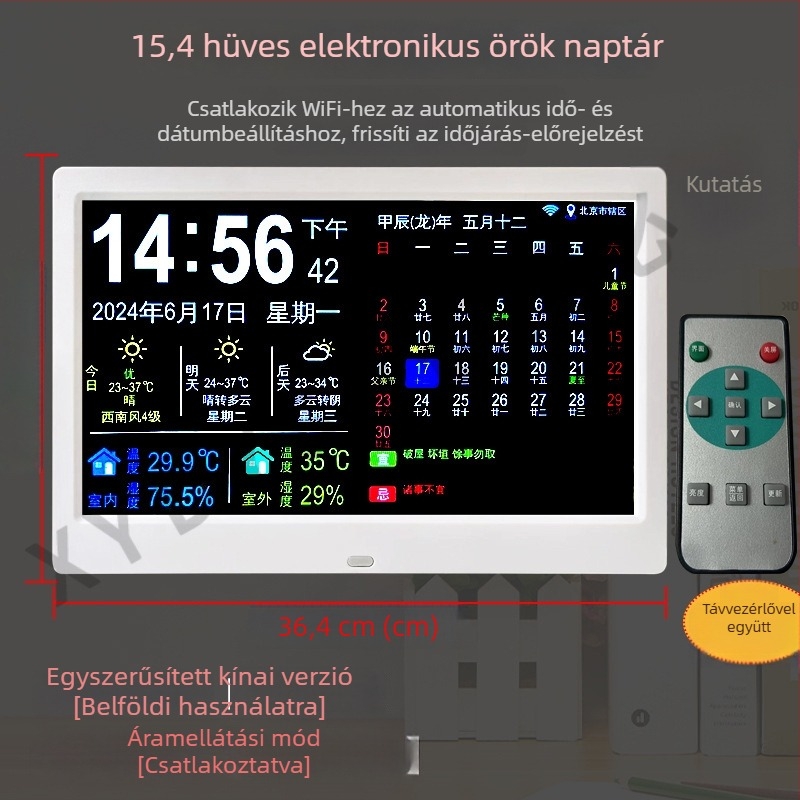 Digitális fotókeretes óra, örök kalendárium, 24 nap-szoláris terminus, WiFi időszinkron, időjárás-előrejelzés, hőmérő