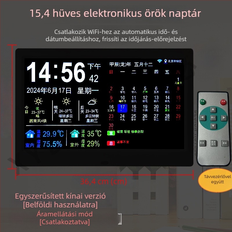 Digitális fotókeretes óra, örök kalendárium, 24 nap-szoláris terminus, WiFi időszinkron, időjárás-előrejelzés, hőmérő