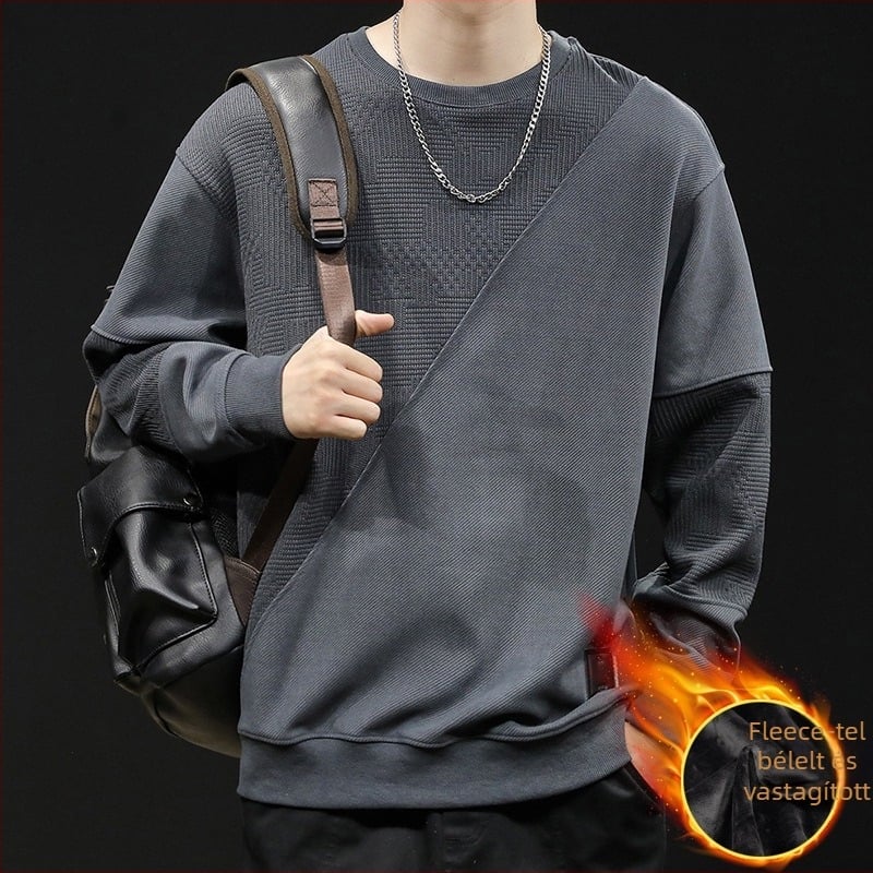 Férfi fleece pulóver patchwork dizájnnal, kerek nyakú, laza szabású, poliészter 93,5% + elasztán 6,5%, tavasz–őszre.