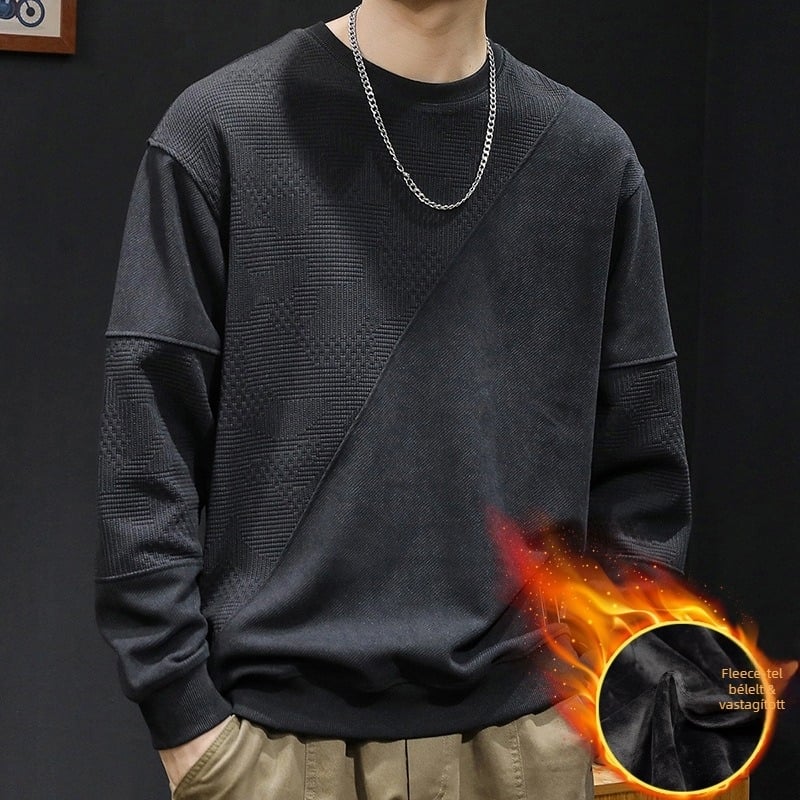 Férfi fleece pulóver patchwork dizájnnal, kerek nyakú, laza szabású, poliészter 93,5% + elasztán 6,5%, tavasz–őszre.