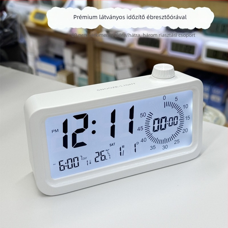 Ébresztőóra LCD-számokkal; Ébresztés, Visszaszámlálás, 24 órás kijelző, Heti kijelző