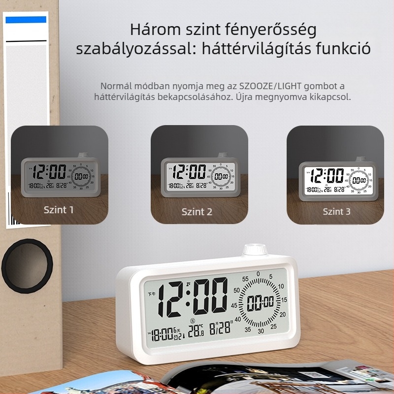 Ébresztőóra LCD-számokkal; Ébresztés, Visszaszámlálás, 24 órás kijelző, Heti kijelző