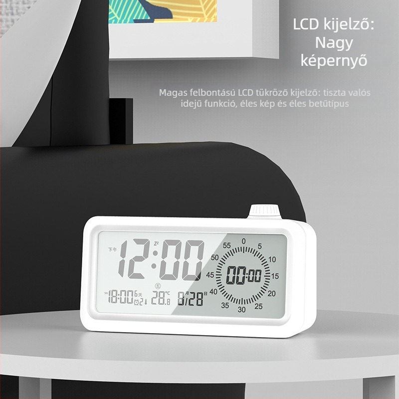 Ébresztőóra LCD-számokkal; Ébresztés, Visszaszámlálás, 24 órás kijelző, Heti kijelző