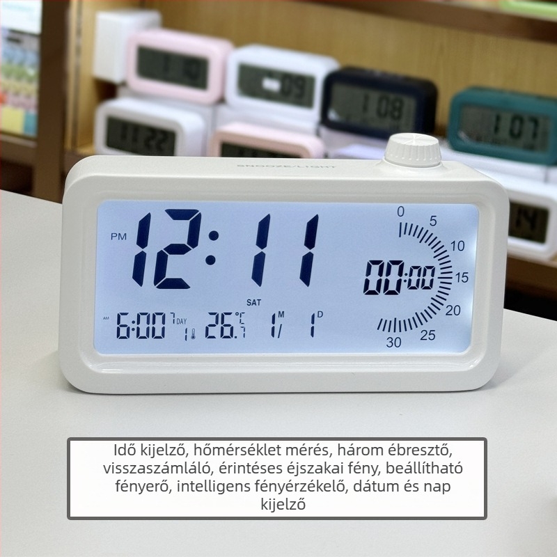 Ébresztőóra LCD-számokkal; Ébresztés, Visszaszámlálás, 24 órás kijelző, Heti kijelző