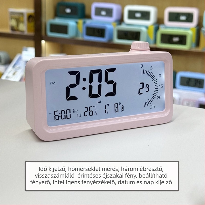 Ébresztőóra LCD-számokkal; Ébresztés, Visszaszámlálás, 24 órás kijelző, Heti kijelző