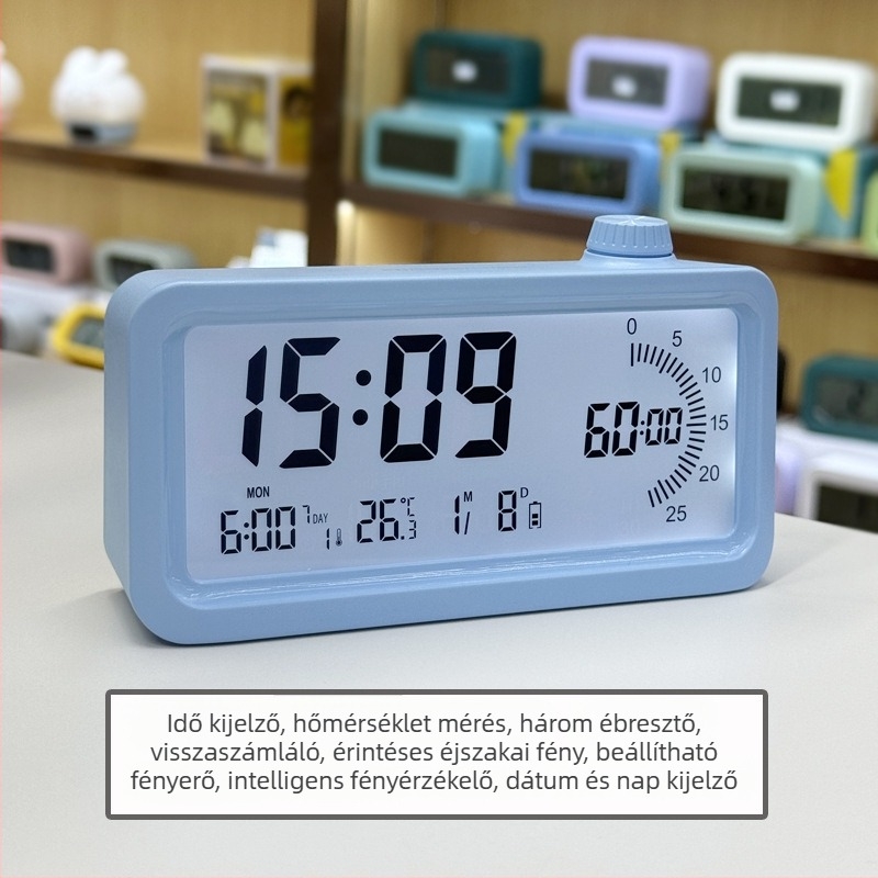 Ébresztőóra LCD-számokkal; Ébresztés, Visszaszámlálás, 24 órás kijelző, Heti kijelző