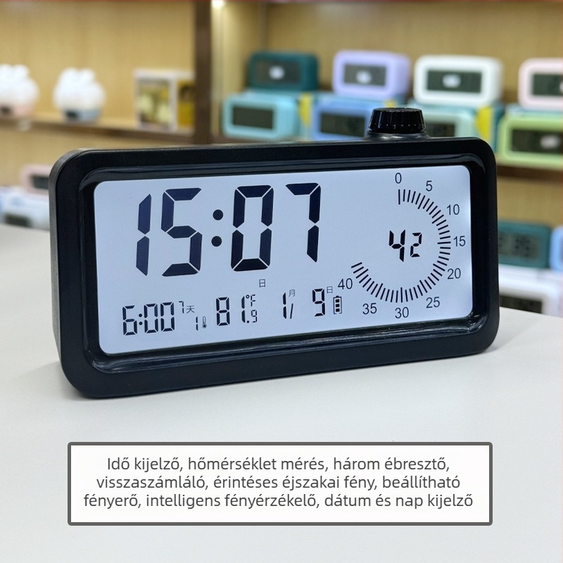 Ébresztőóra LCD-számokkal; Ébresztés, Visszaszámlálás, 24 órás kijelző, Heti kijelző