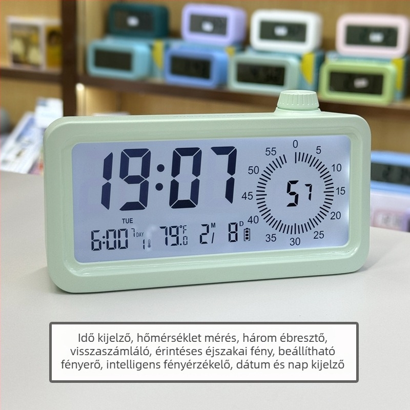 Ébresztőóra LCD-számokkal; Ébresztés, Visszaszámlálás, 24 órás kijelző, Heti kijelző