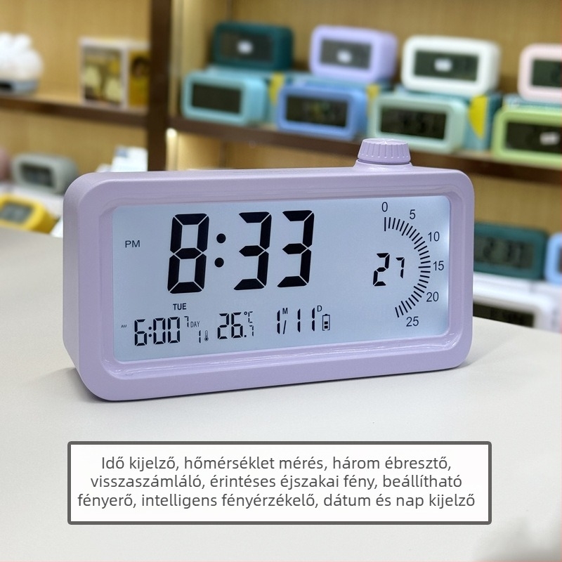 Ébresztőóra LCD-számokkal; Ébresztés, Visszaszámlálás, 24 órás kijelző, Heti kijelző