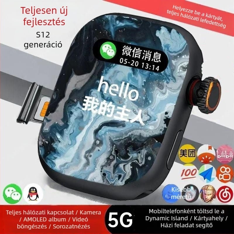Okosóra telefon SIM-kártya foglalattal, 5G, érintőképernyő, szilikon szíj, támogatja az alkalmazásokat
