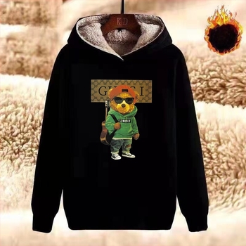 Férfi kapucnis, vastag fleece-betétes pulóver, kerek nyakú, hosszú ujjú, poliészter 91–95%