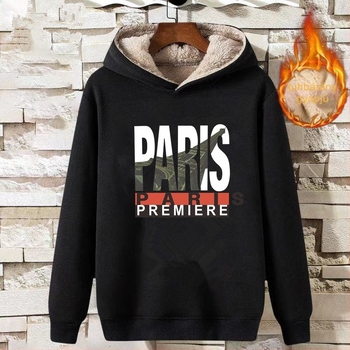 Férfi kapucnis, vastag fleece-betétes pulóver, kerek nyakú, hosszú ujjú, poliészter 91–95%