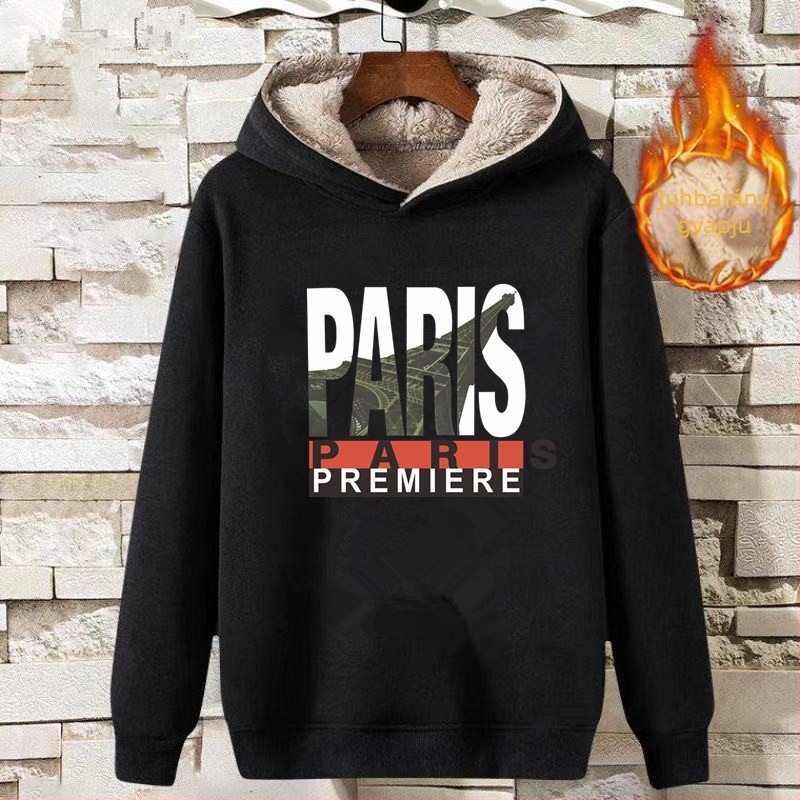 Férfi kapucnis, vastag fleece-betétes pulóver, kerek nyakú, hosszú ujjú, poliészter 91–95%