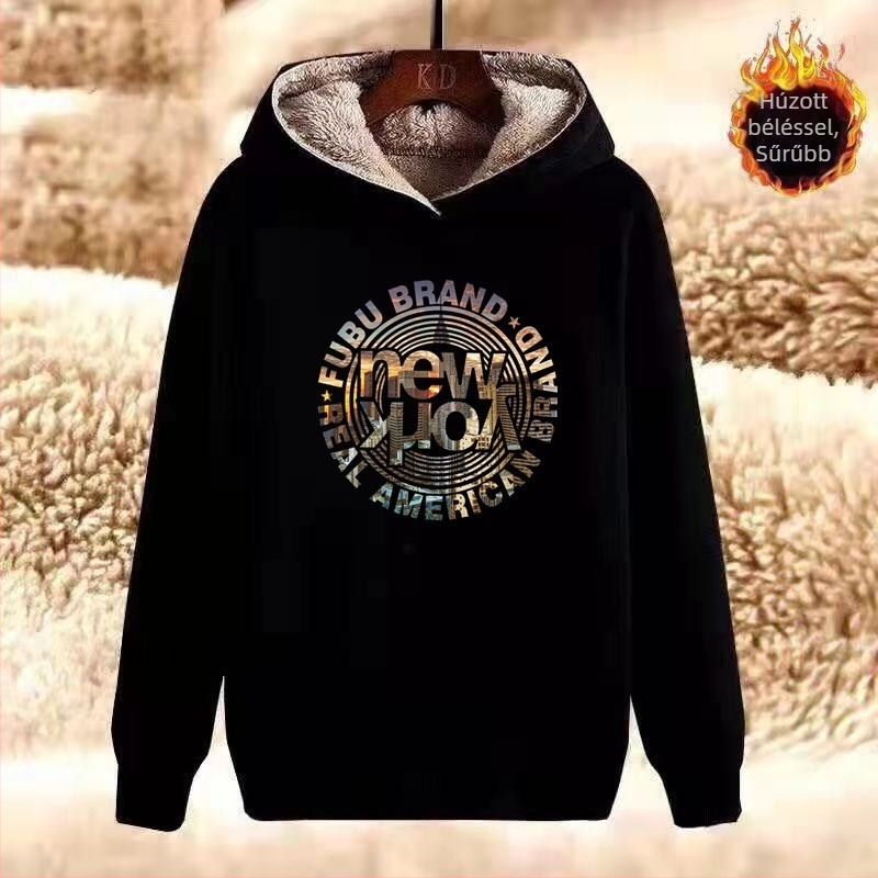 Férfi kapucnis, vastag fleece-betétes pulóver, kerek nyakú, hosszú ujjú, poliészter 91–95%