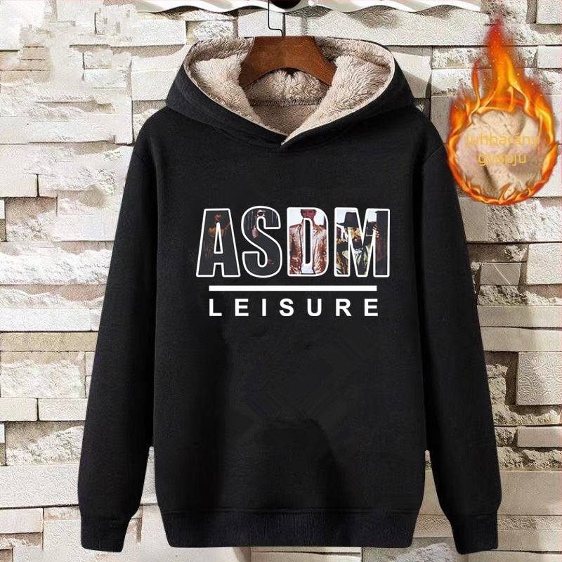 Férfi kapucnis, vastag fleece-betétes pulóver, kerek nyakú, hosszú ujjú, poliészter 91–95%