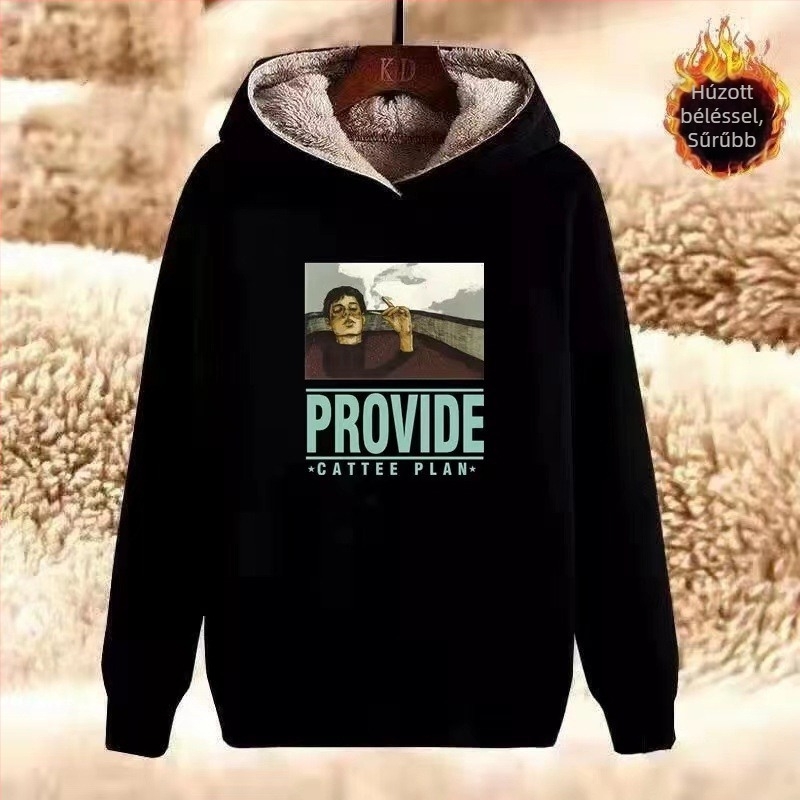 Férfi kapucnis, vastag fleece-betétes pulóver, kerek nyakú, hosszú ujjú, poliészter 91–95%