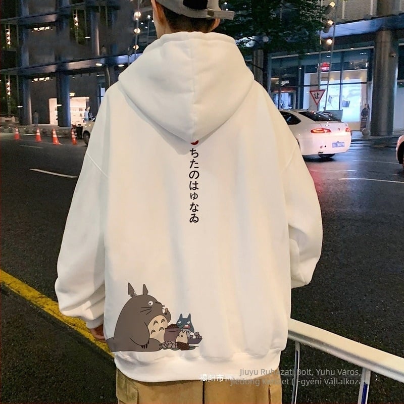 Japán stílusú, Cartoon mintás kapucnis pulóver, gyapjú bélés, poliészter, laza szabás, hosszú ujjú