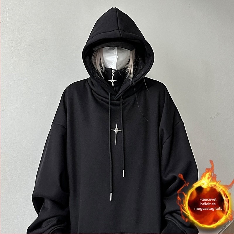 Hímzett kapucnis pulóver, oversized szabás, magas gallér, patch zsebek, poliészter