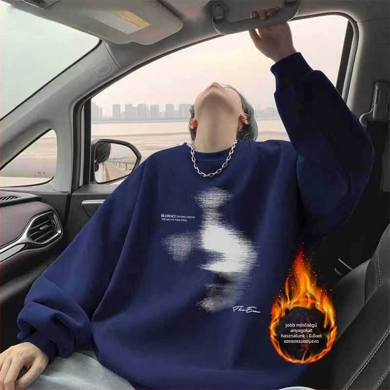 Férfi fleece-bélelés pulóver kerek nyakú, hosszú ujjú, laza szabású, poliészter 96%+, ősz 2024, minimalist stílus