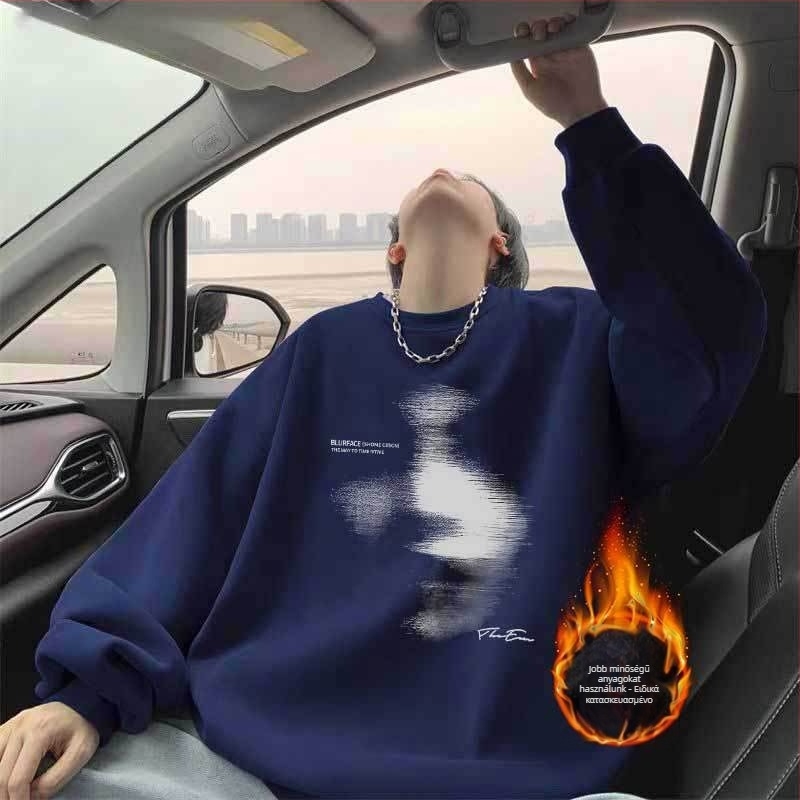 Férfi fleece-bélelés pulóver kerek nyakú, hosszú ujjú, laza szabású, poliészter 96%+, ősz 2024, minimalist stílus