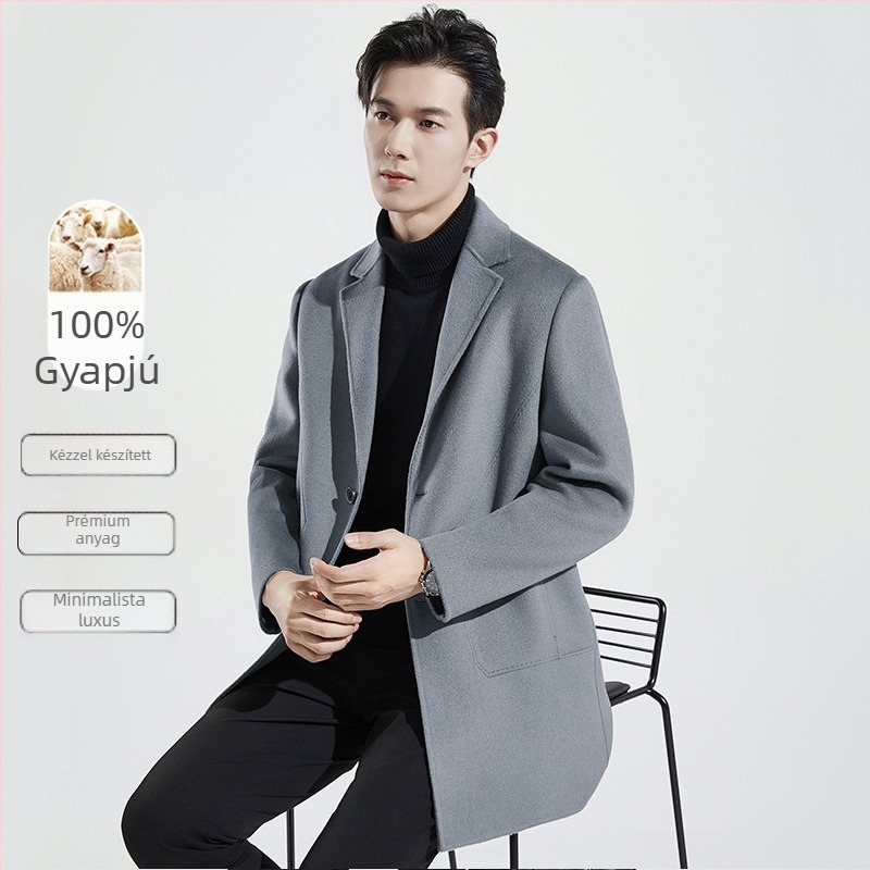 Kétoldalas gyapjú kabát, koreai stílus, laza szabás, egygombos elöl, öv nélkül, oldalzsebek, egyszínű minta, ősze 2023