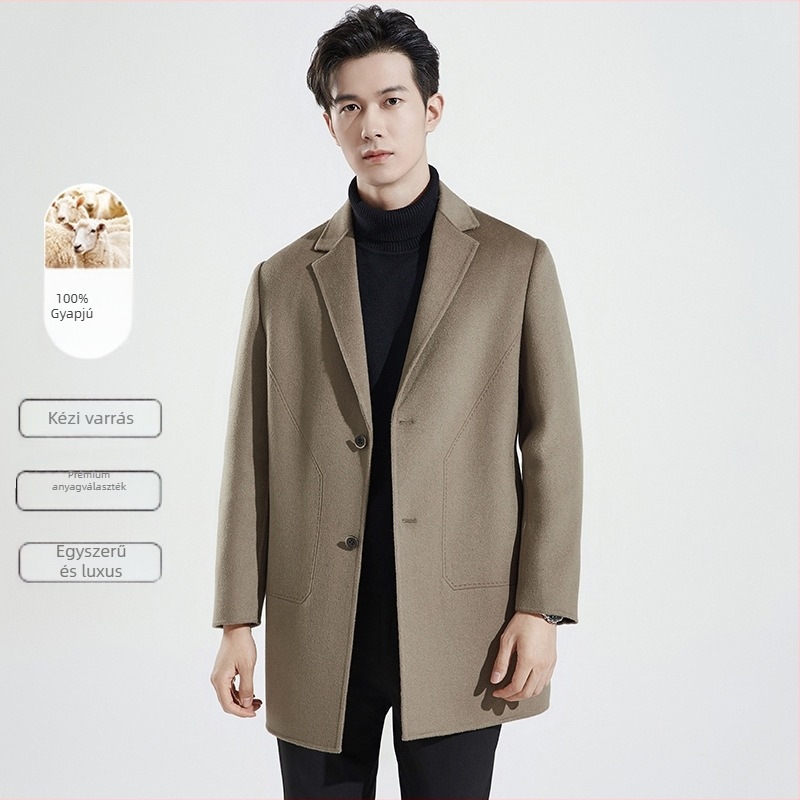 Kétoldalas gyapjú kabát, koreai stílus, laza szabás, egygombos elöl, öv nélkül, oldalzsebek, egyszínű minta, ősze 2023