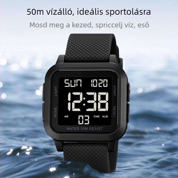 Iskolai digitális óra diákoknak, 10 m vízálló, digitális kijelző, elektronikus működtetés, négyszögletes 40 mm számlap, szilikon szíj, újratölthető