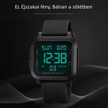 Iskolai digitális óra diákoknak, 10 m vízálló, digitális kijelző, elektronikus működtetés, négyszögletes 40 mm számlap, szilikon szíj, újratölthető