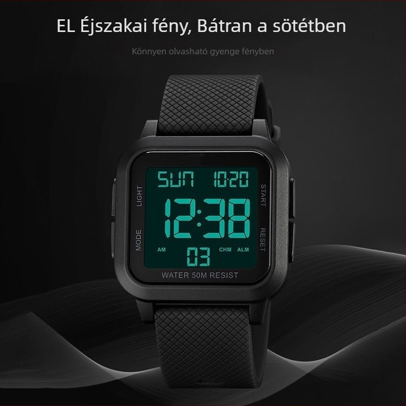 Iskolai digitális óra diákoknak, 10 m vízálló, digitális kijelző, elektronikus működtetés, négyszögletes 40 mm számlap, szilikon szíj, újratölthető