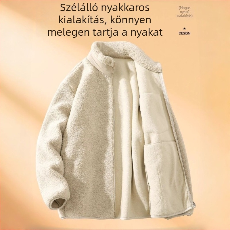 Férfi téli kapucnis kabát gyapjúkülsővel és nyúlszőr bélésével, fiatalos stílus