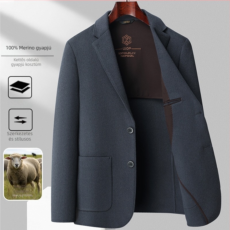 Férfi kétoldalas gyapjú kabát, 96%+ gyapjú, egyszárnyú gombolás, testhez álló szabás, egyszínű