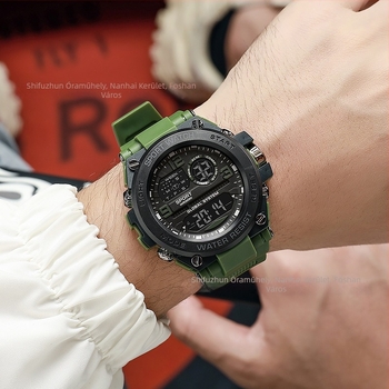 Digitális sportóra fénylő kronográf és ébresztővel, 10 m-es vízállóság, 43 mm-es számlap, TPU szíj, elektronikus mozgás