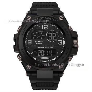 Digitális sportóra fénylő kronográf és ébresztővel, 10 m-es vízállóság, 43 mm-es számlap, TPU szíj, elektronikus mozgás