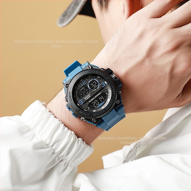 Digitális sportóra fénylő kronográf és ébresztővel, 10 m-es vízállóság, 43 mm-es számlap, TPU szíj, elektronikus mozgás