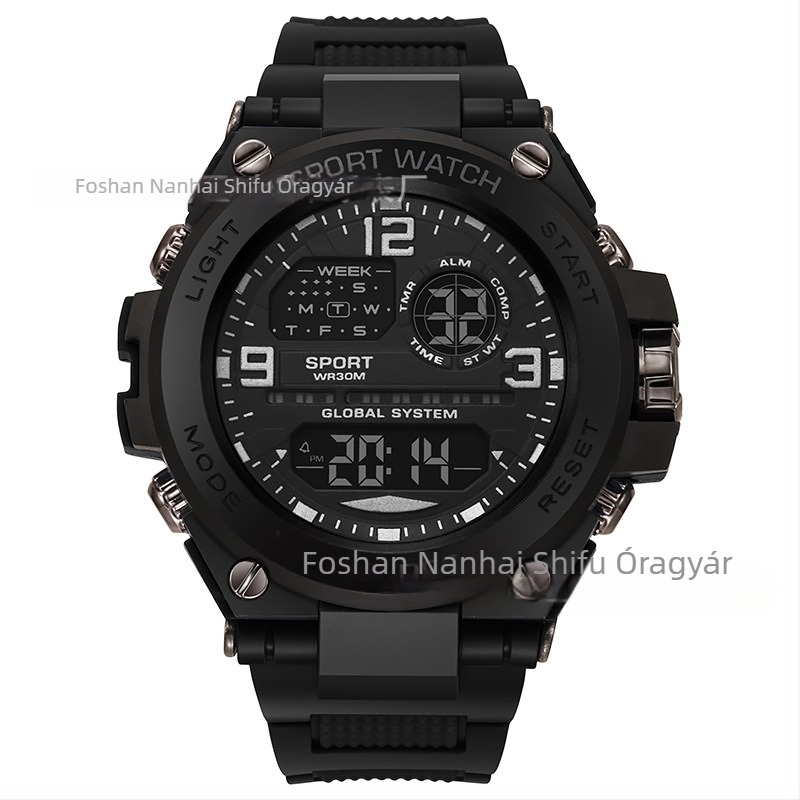 Digitális sportóra fénylő kronográf és ébresztővel, 10 m-es vízállóság, 43 mm-es számlap, TPU szíj, elektronikus mozgás
