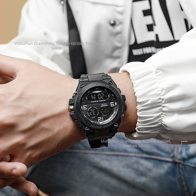 Digitális sportóra fénylő kronográf és ébresztővel, 10 m-es vízállóság, 43 mm-es számlap, TPU szíj, elektronikus mozgás