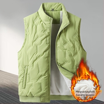 Férfi mellény fleece-bevonattal és kapucnival, cipzáros elülső rész, álló gallér, több zseb