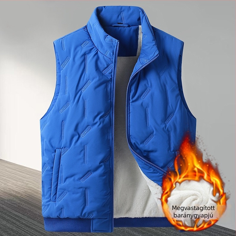 Férfi mellény fleece-bevonattal és kapucnival, cipzáros elülső rész, álló gallér, több zseb