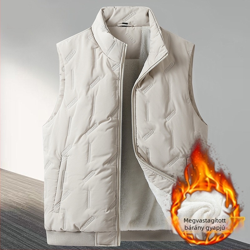 Férfi mellény fleece-bevonattal és kapucnival, cipzáros elülső rész, álló gallér, több zseb