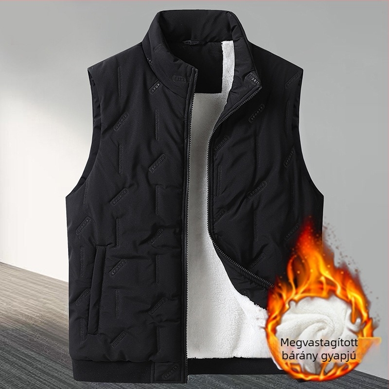Férfi mellény fleece-bevonattal és kapucnival, cipzáros elülső rész, álló gallér, több zseb