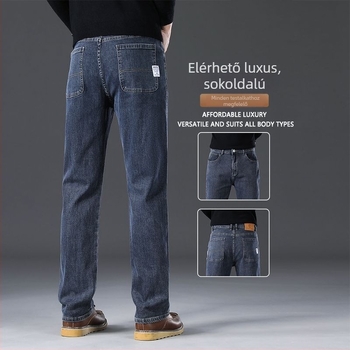 Férfi denimnadrág egyenes szabású, magas derék, cipzáras zárás, több zseb